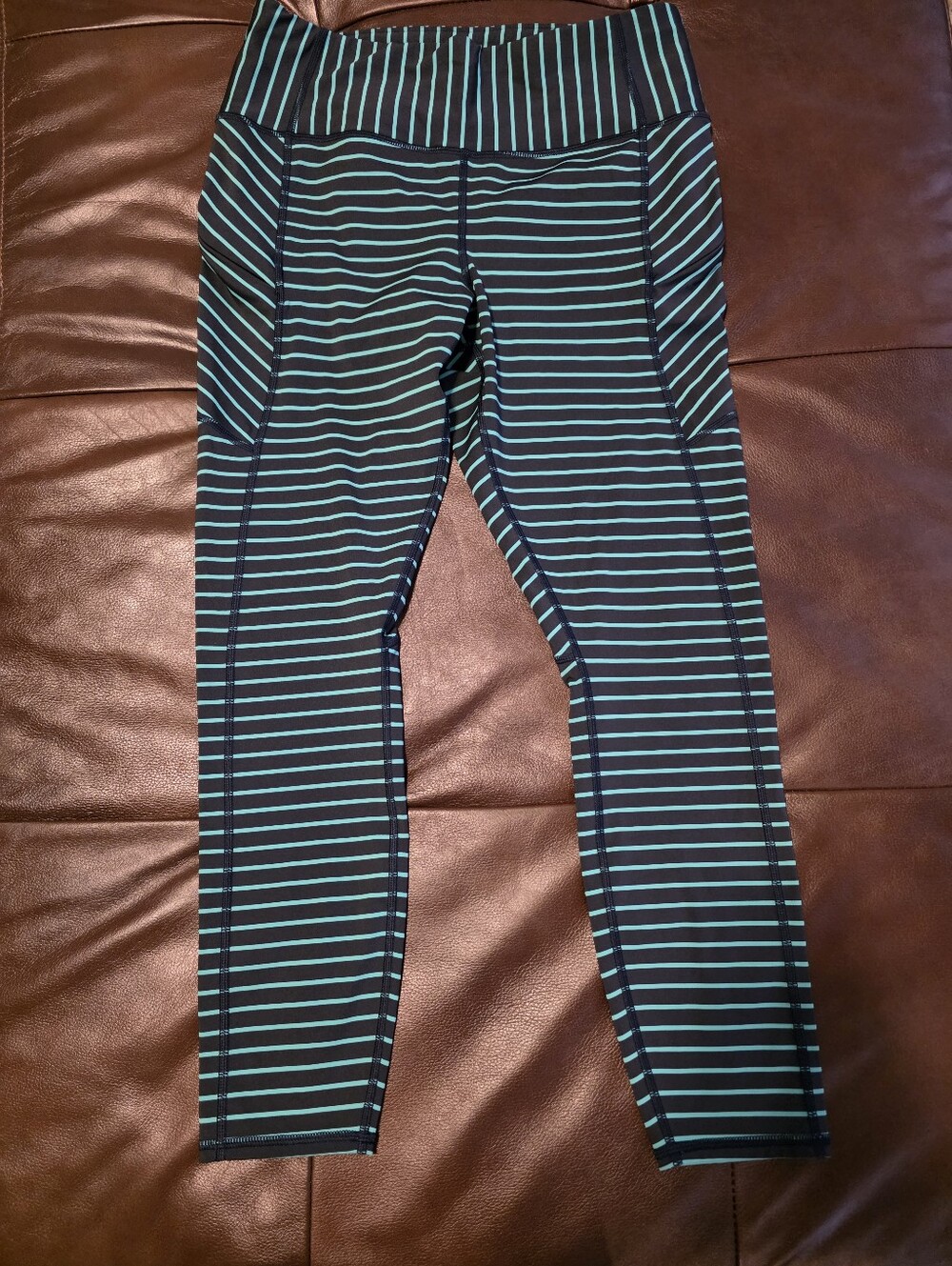 Athleta Striped High Rise Leggings Teal Black Size Medium Zipper Pockets